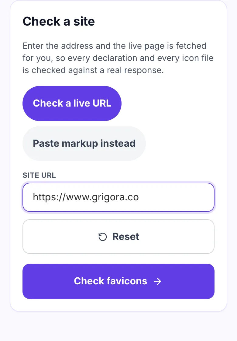 Favicon checker with a site URL entered and ready to run