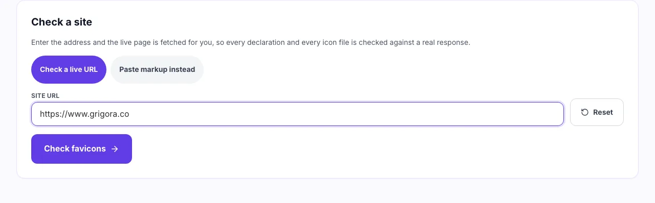 Favicon checker with a site URL entered and ready to run