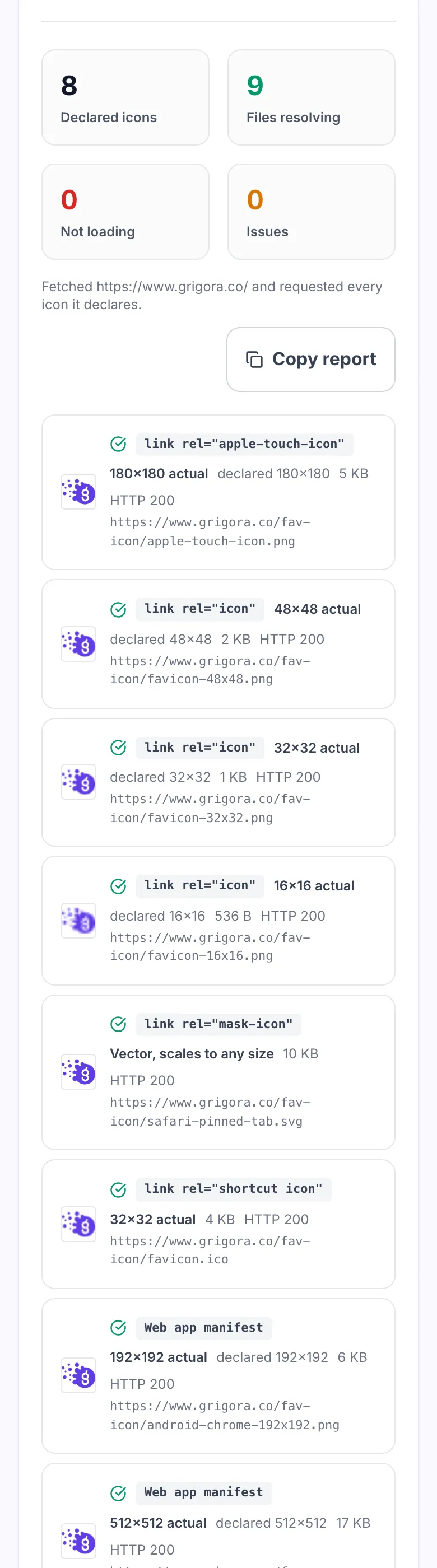 Results showing 8 declared icons and 9 files resolving with no issues, listing each icon URL with its actual size