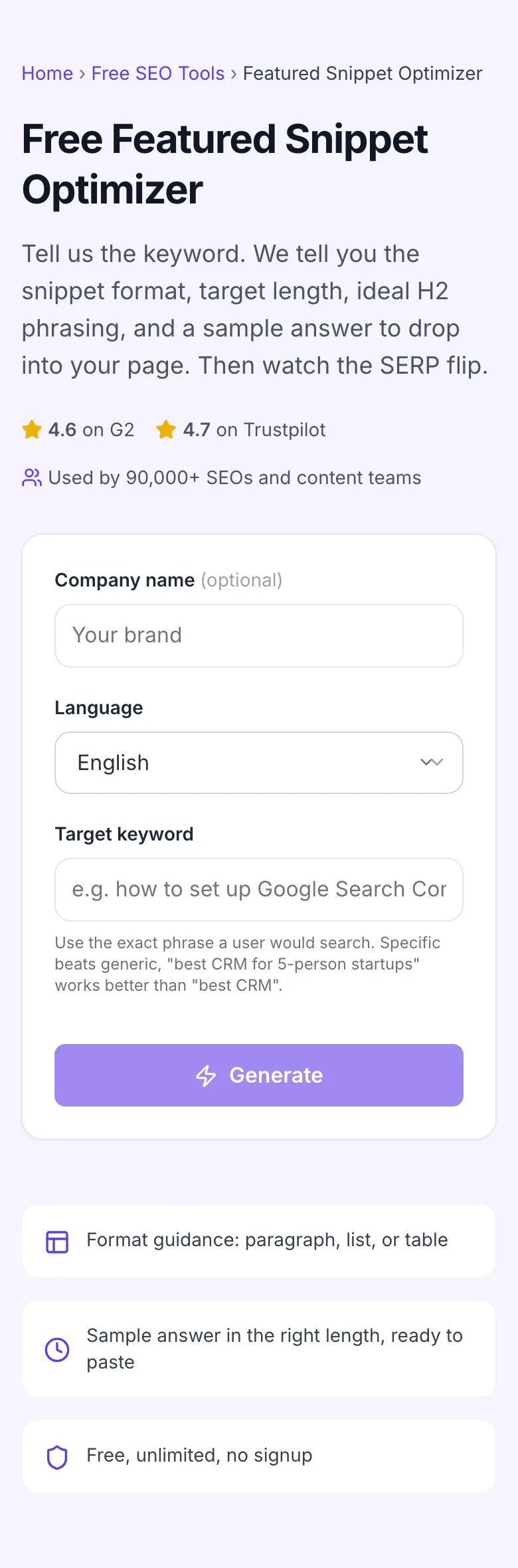 Empty Featured Snippet Optimizer before any input