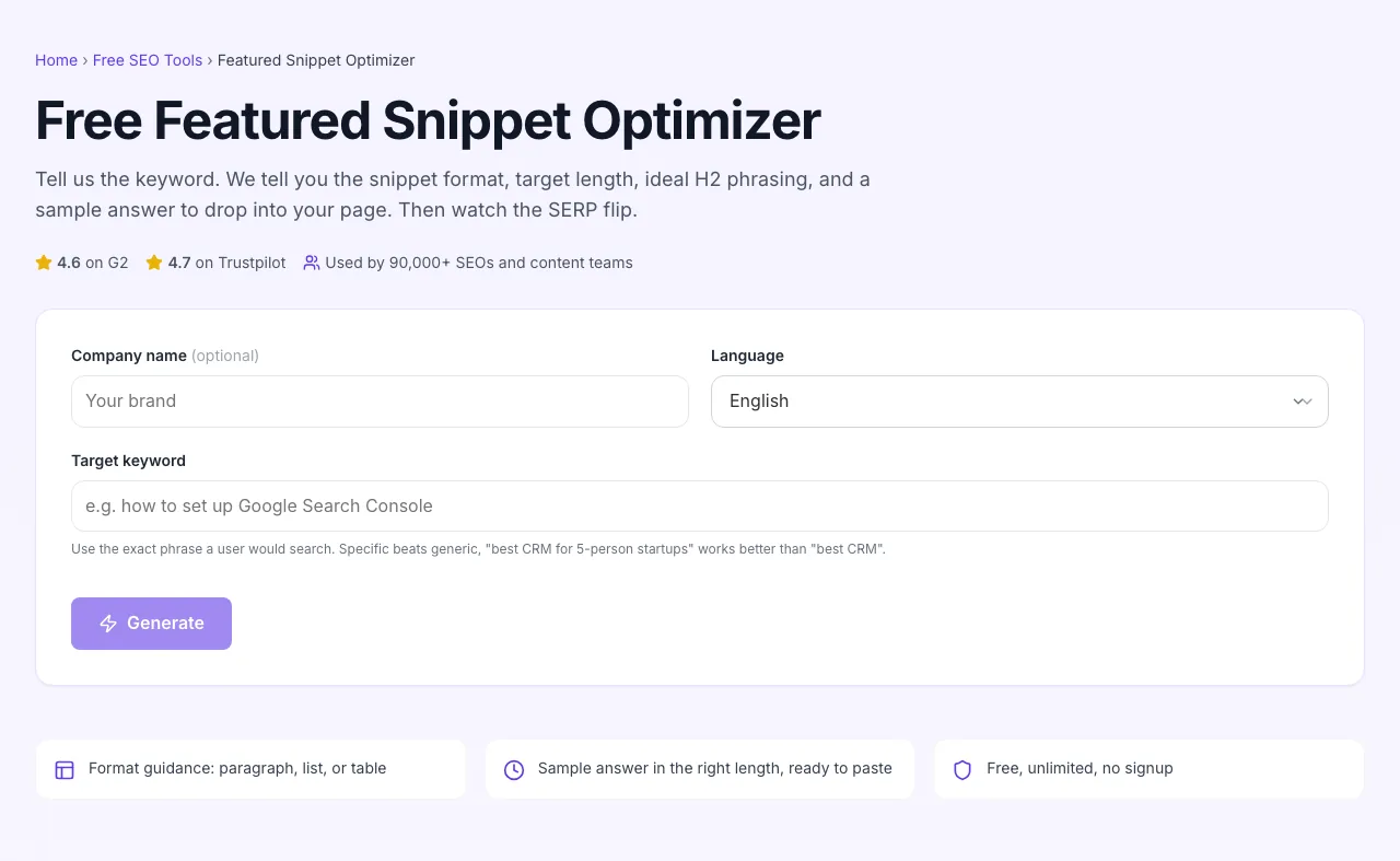 Empty Featured Snippet Optimizer before any input