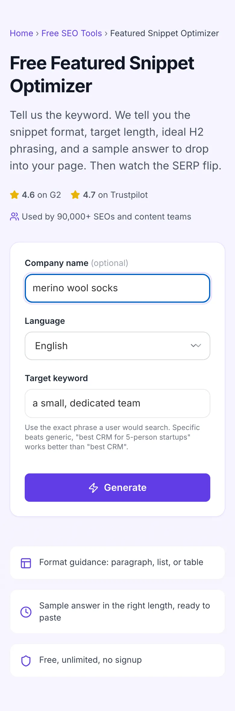 Featured Snippet Optimizer with input filled in
