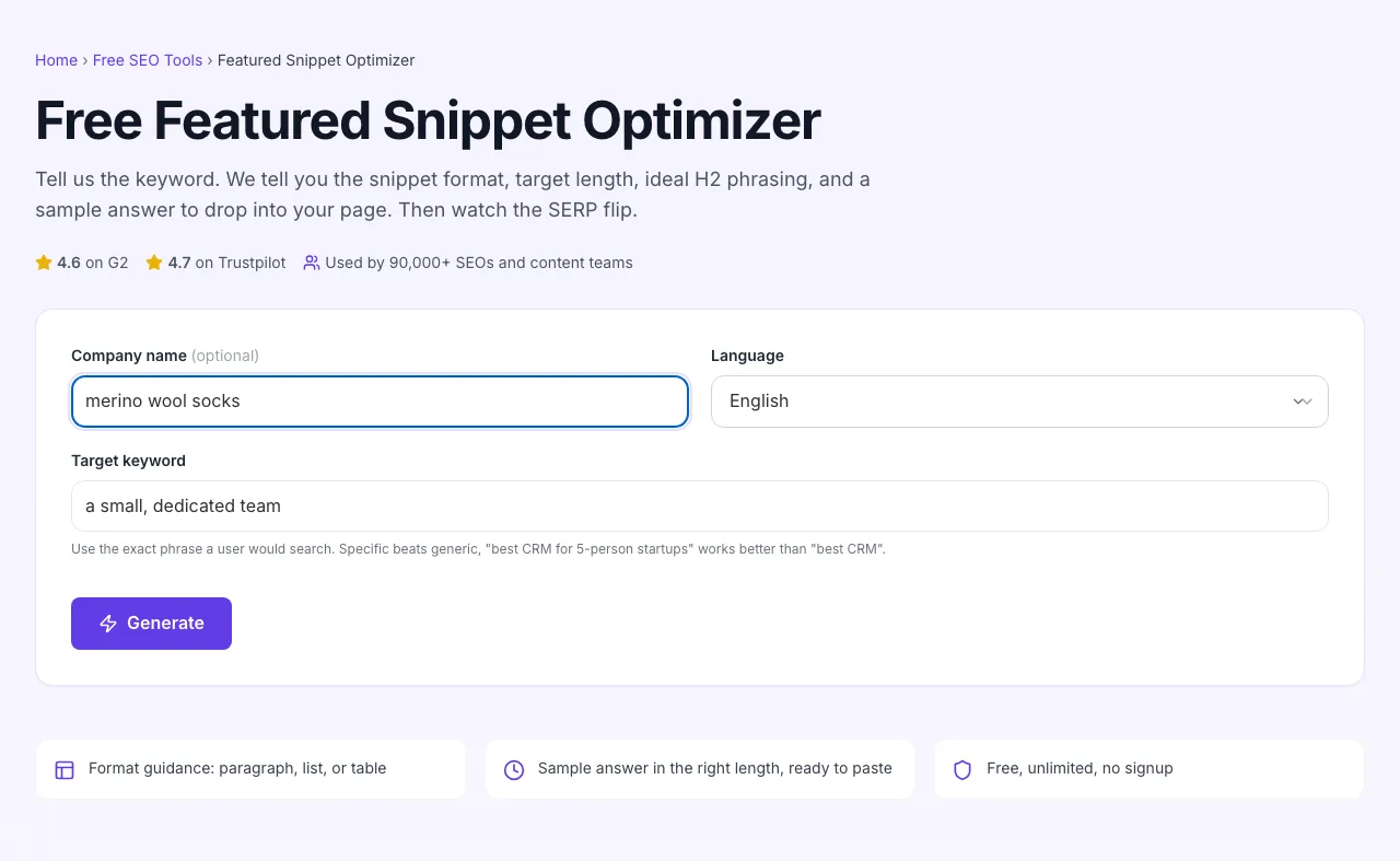 Featured Snippet Optimizer with input filled in