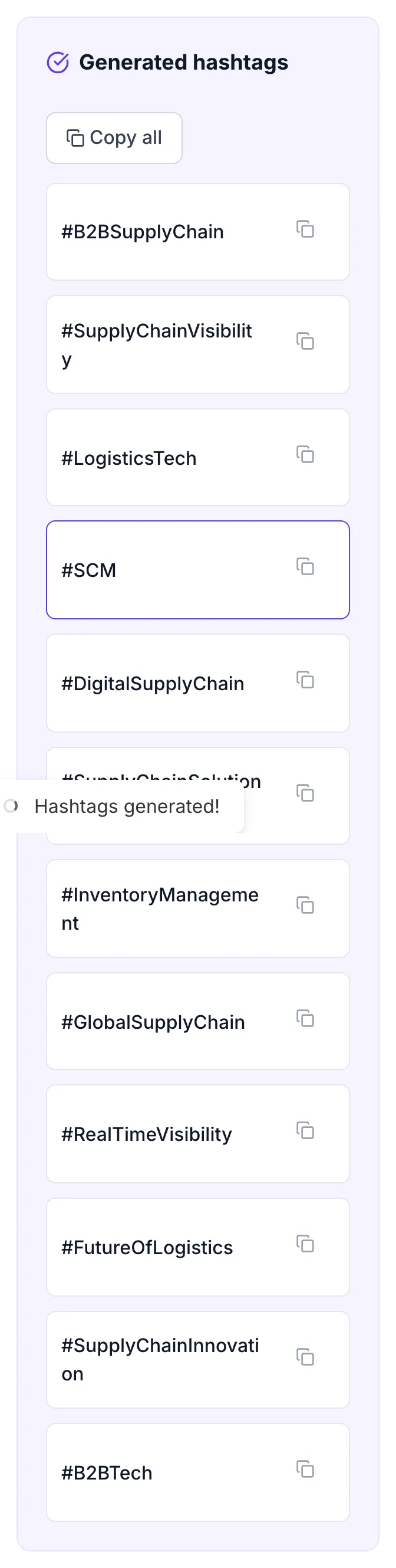 Hashtag Generator showing its result