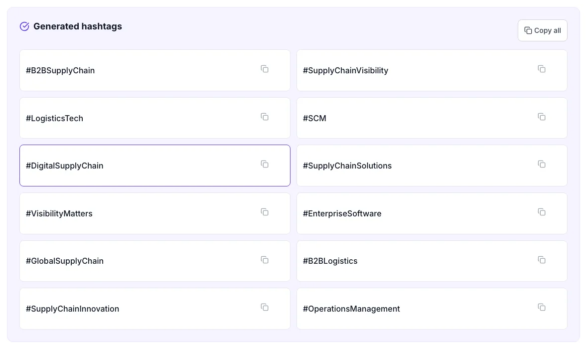 Hashtag Generator showing its result
