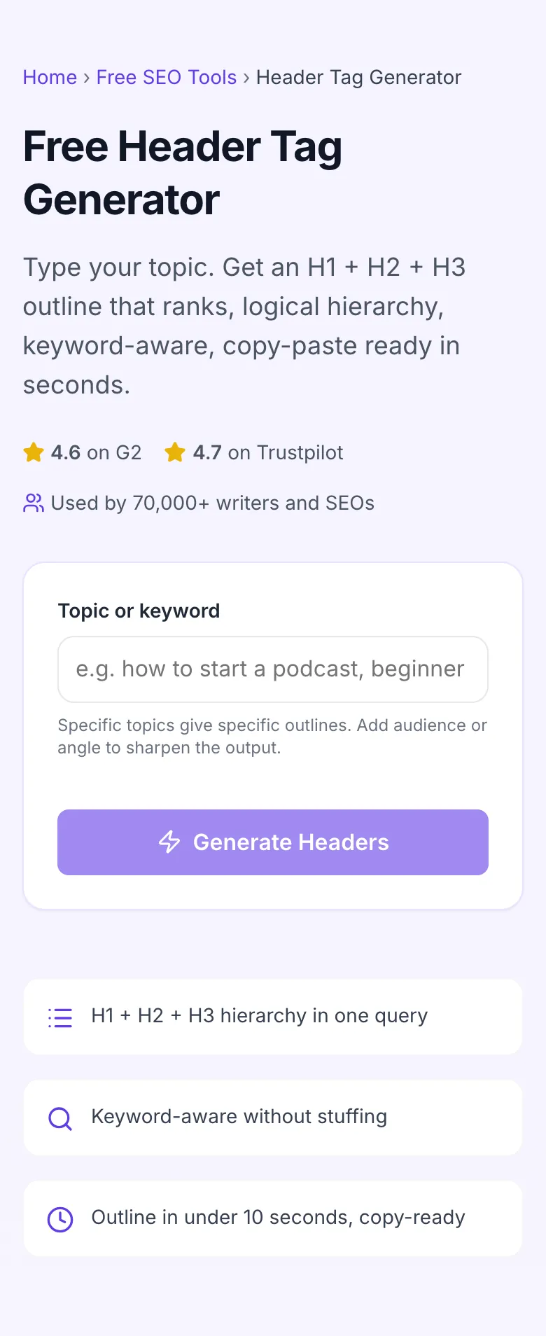 Empty Header Tag Generator before any input