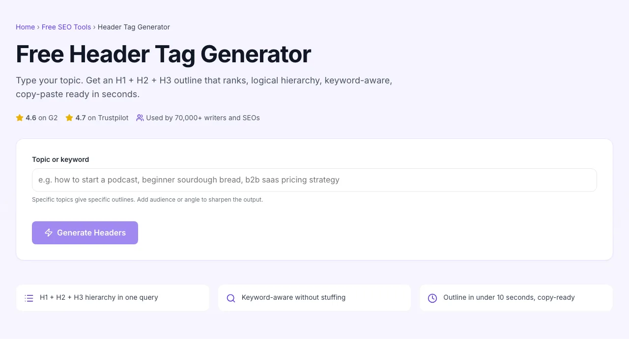 Empty Header Tag Generator before any input