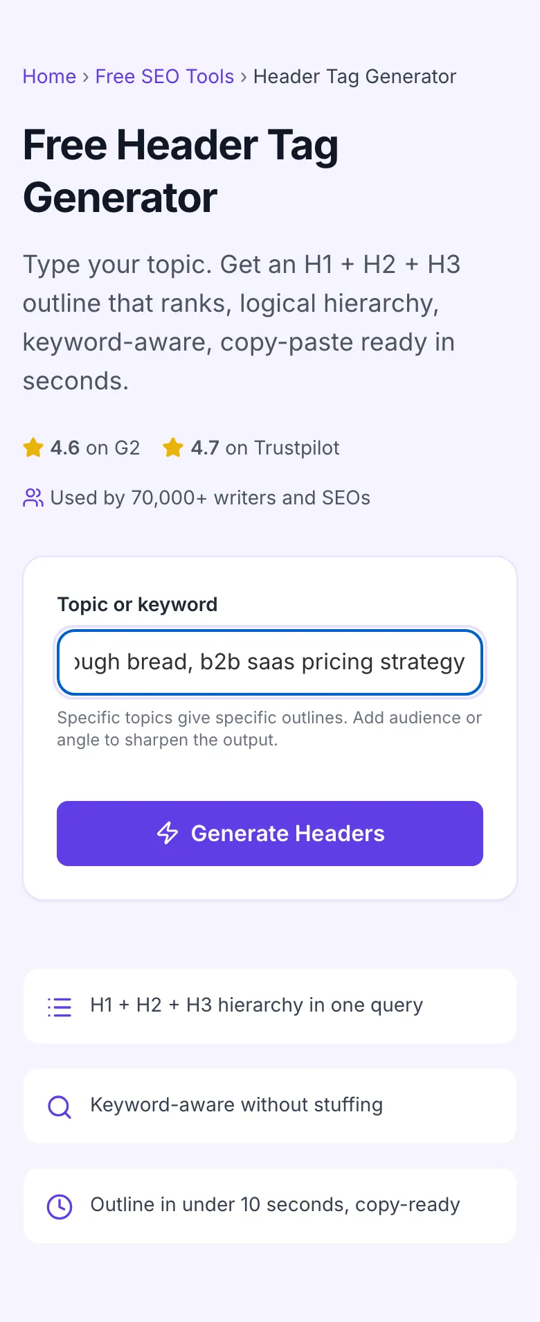 Header Tag Generator with input filled in