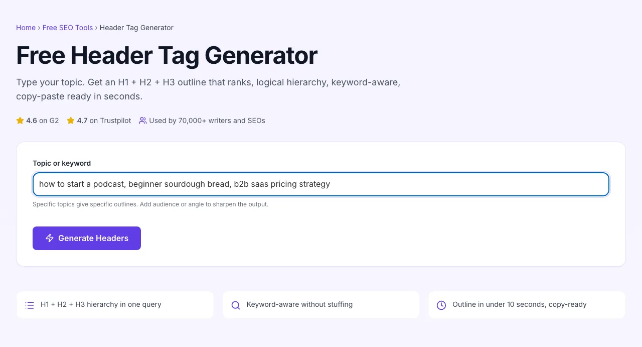 Header Tag Generator with input filled in