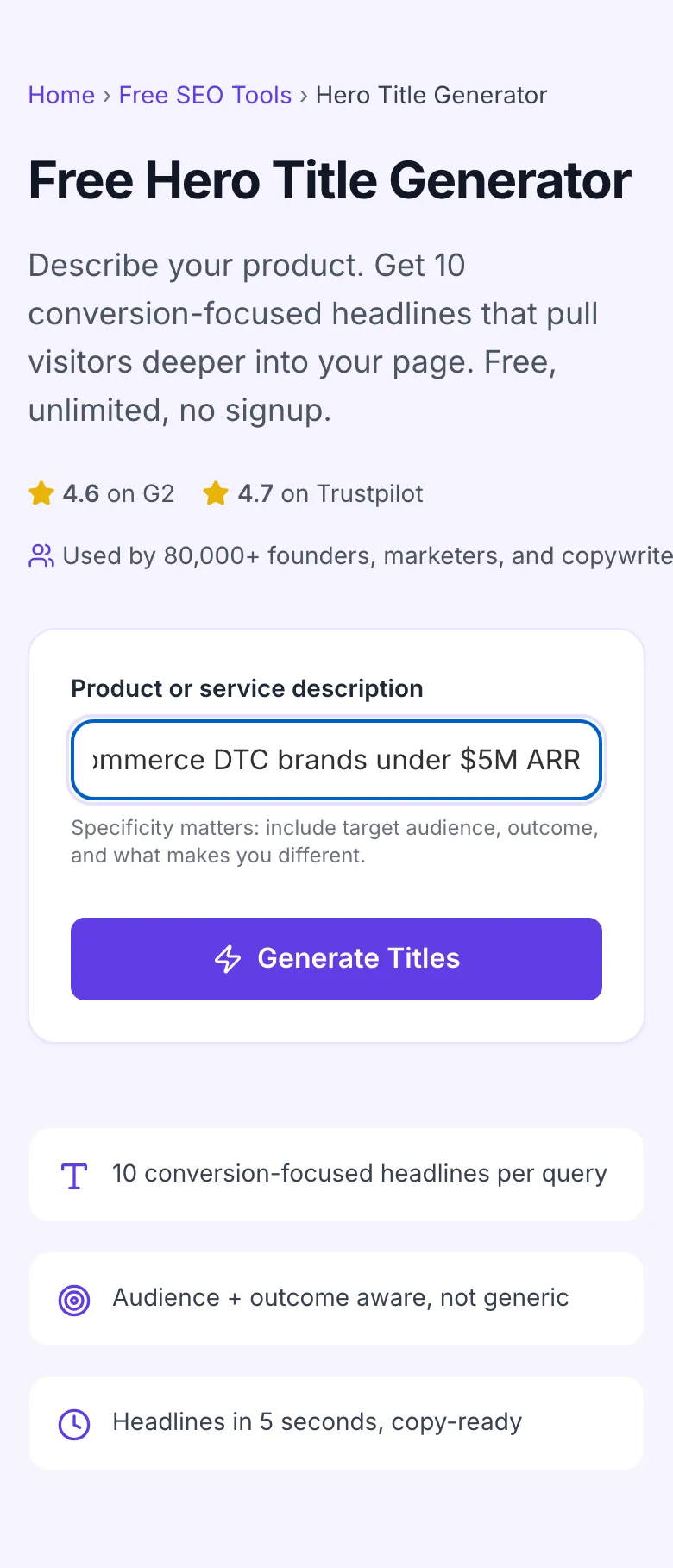 Hero Title Generator with input filled in