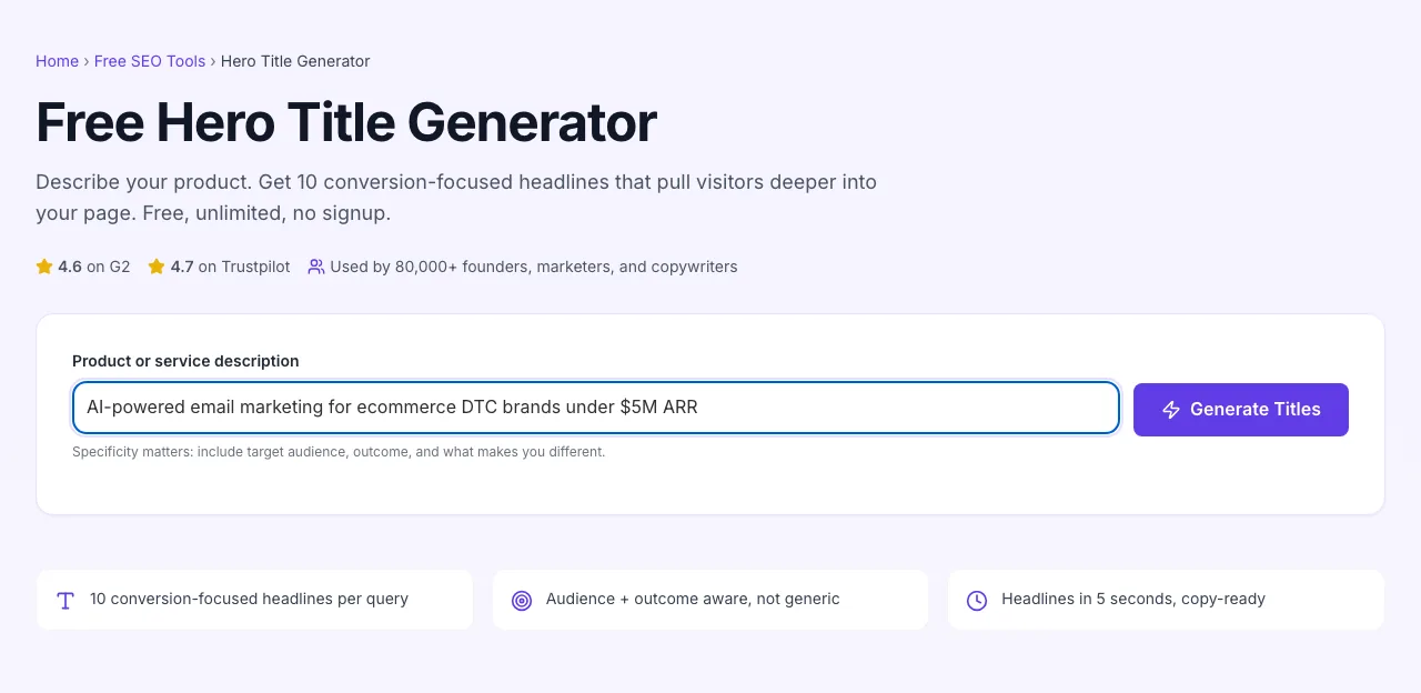 Hero Title Generator with input filled in
