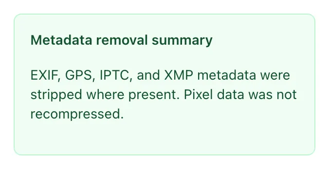 Image Metadata Cleaner showing its result