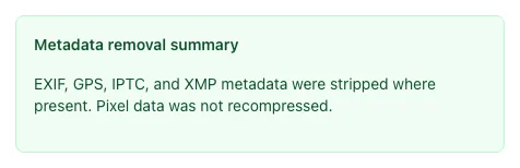 Image Metadata Cleaner showing its result
