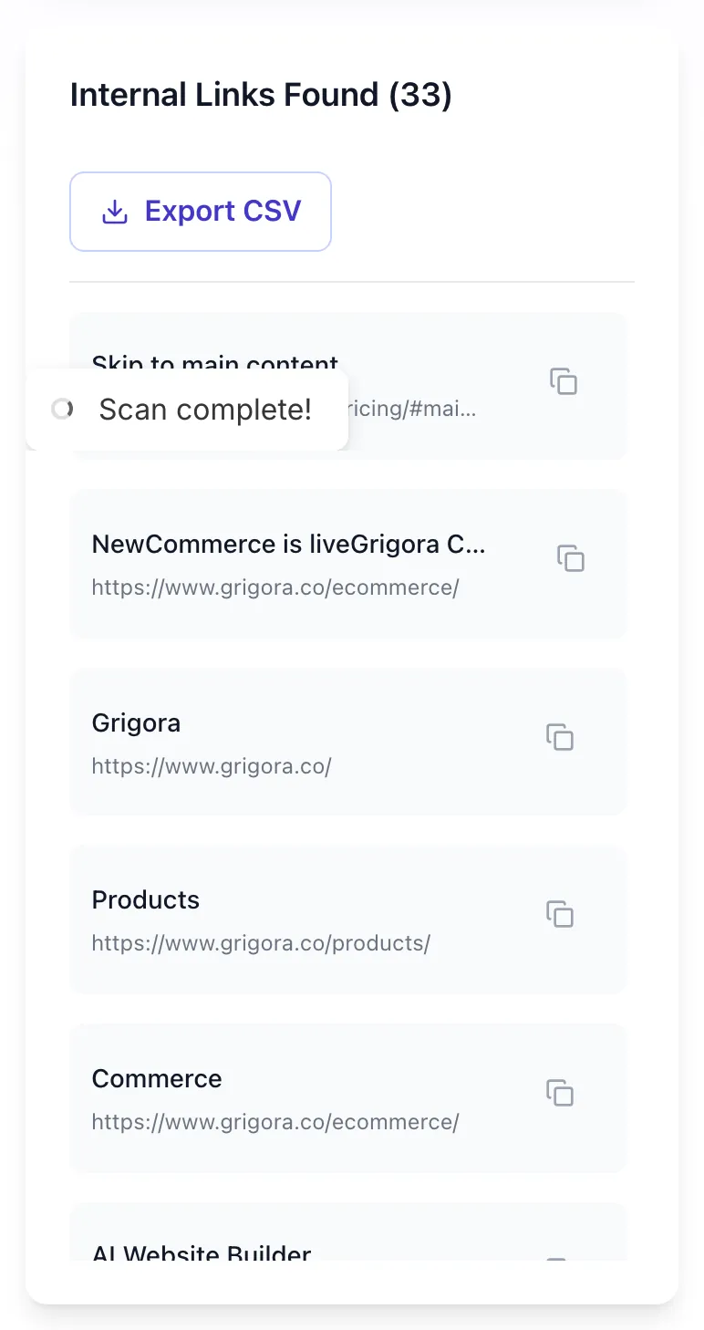 Internal Link Finder showing its result