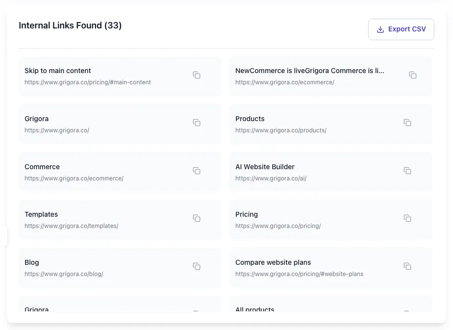 Internal Link Finder showing its result