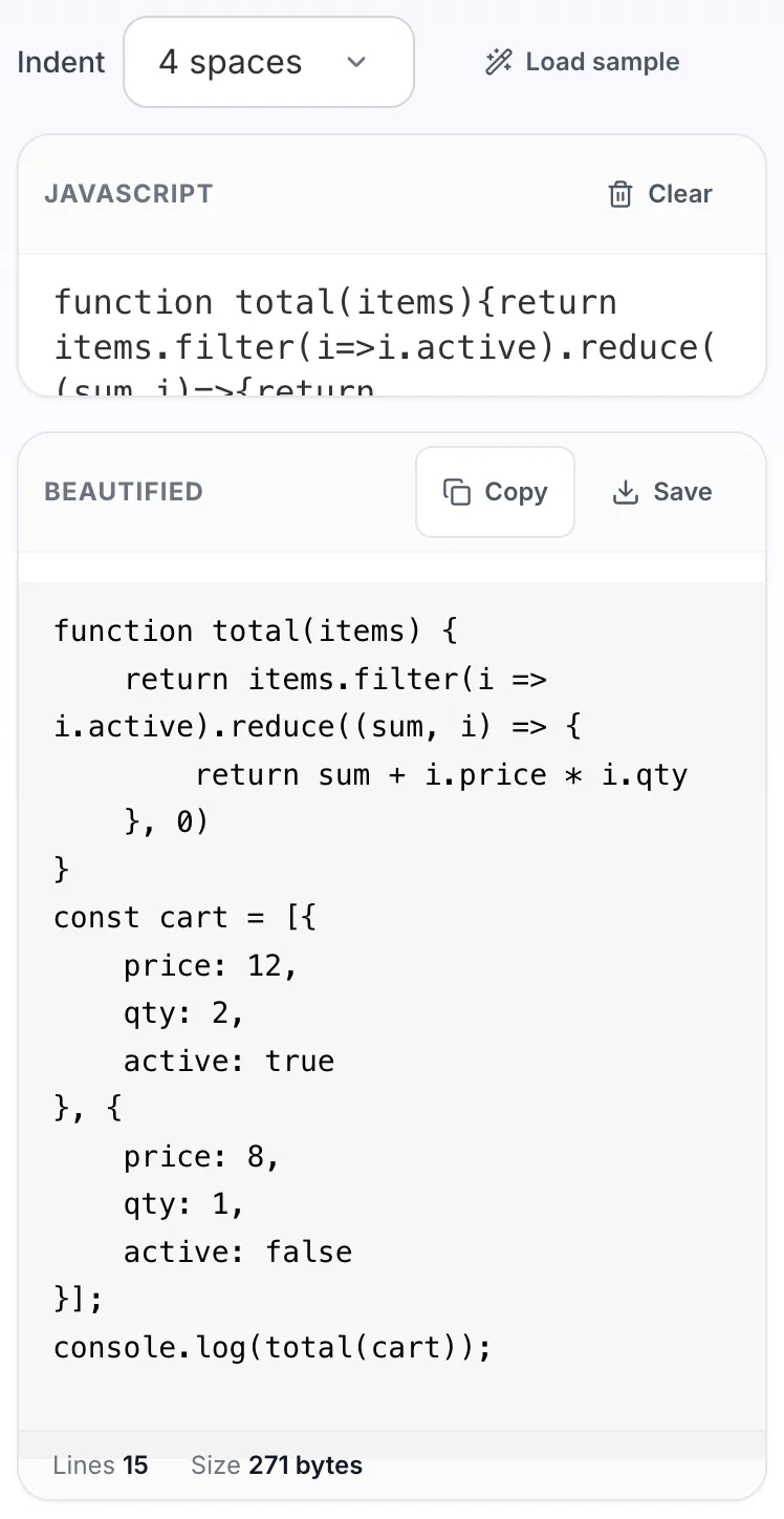 JavaScript Beautifier with input in place