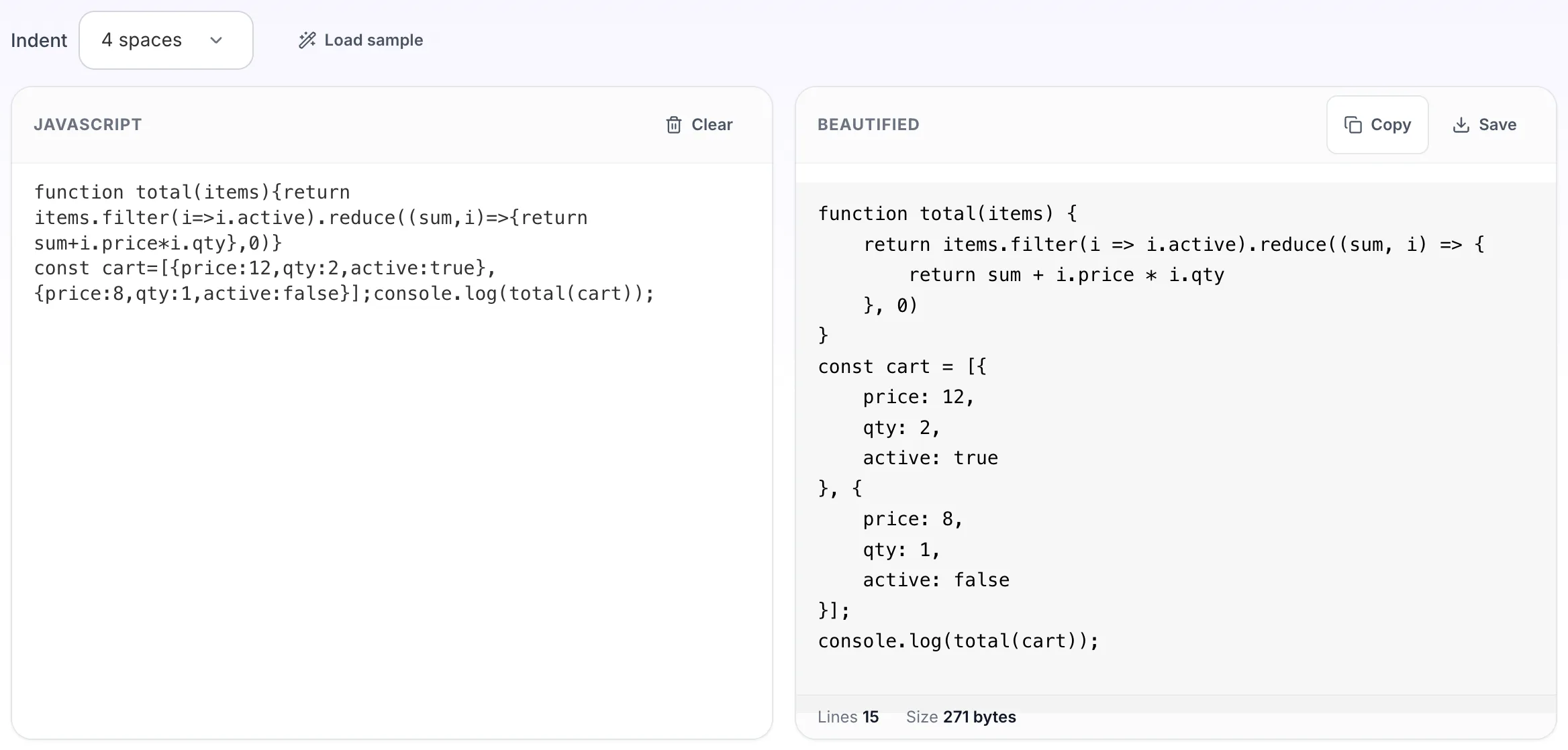 JavaScript Beautifier with input in place