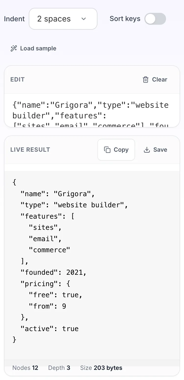 JSON Editor showing its result