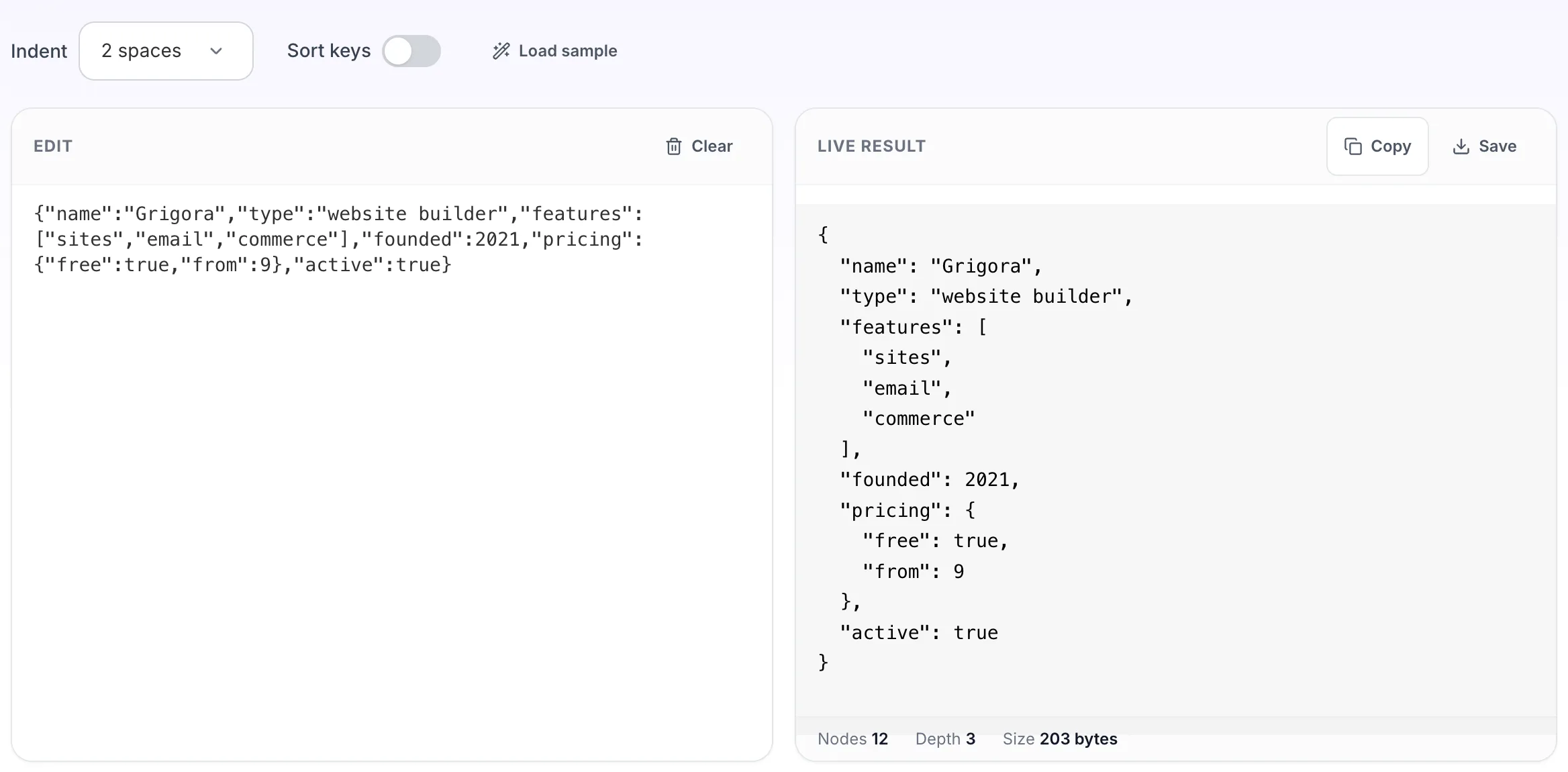 JSON Editor showing its result