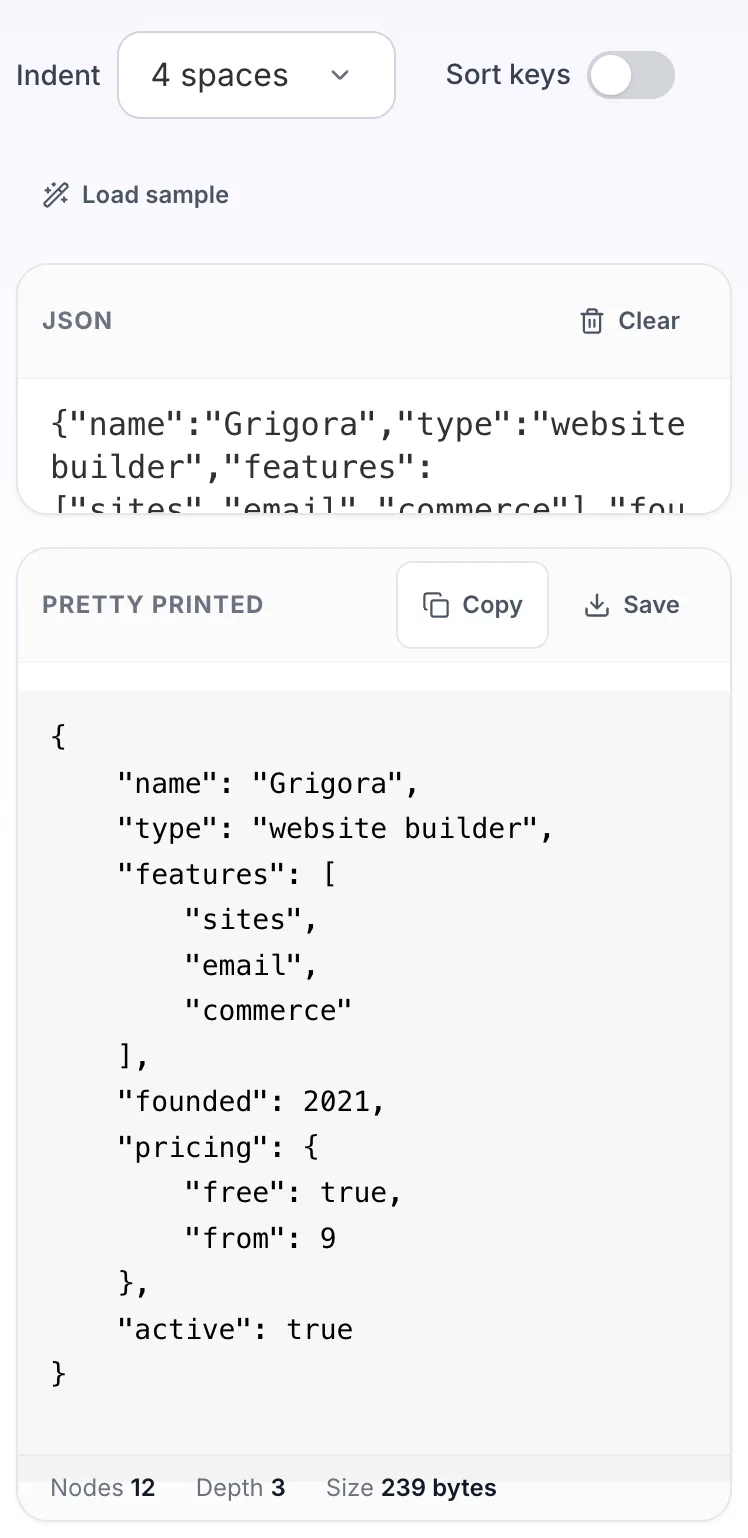 JSON Pretty Print showing its result