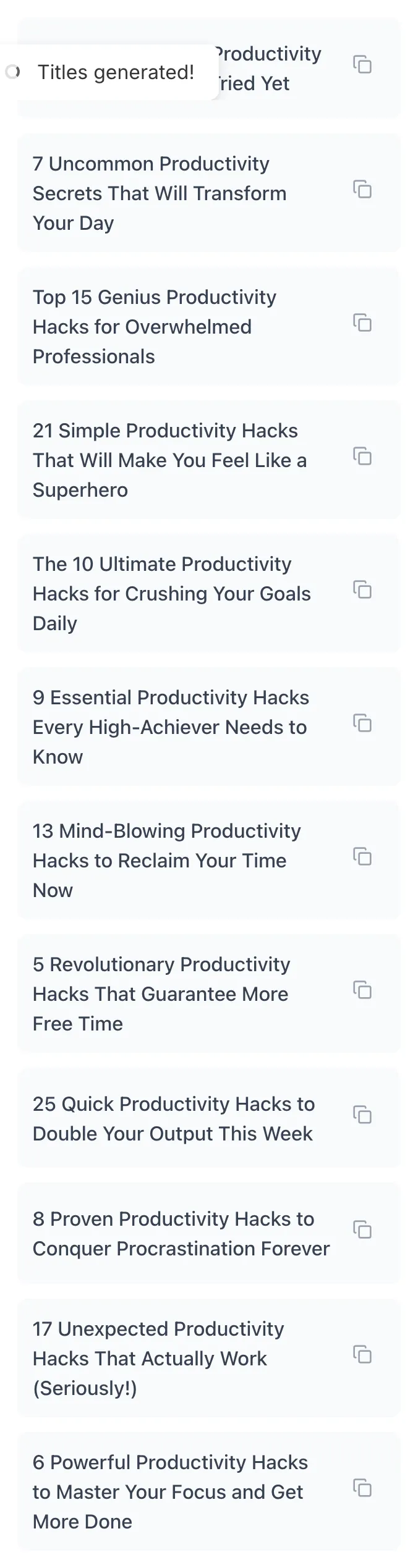 Listicle Title Generator showing its result