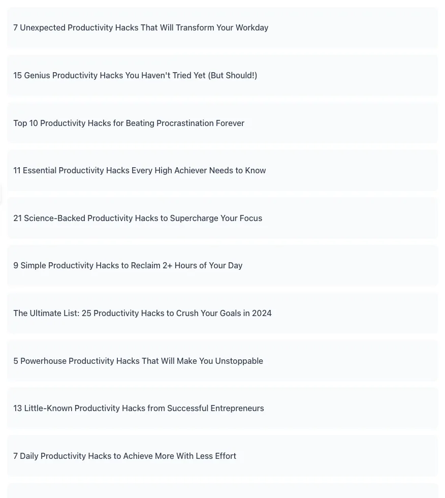Listicle Title Generator showing its result