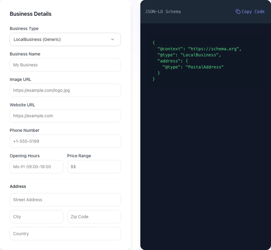 Empty Local Business Schema Generator before any input