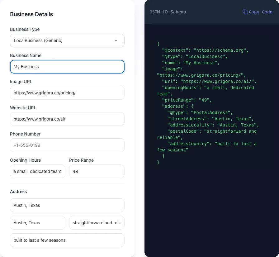 Local Business Schema Generator with input filled in