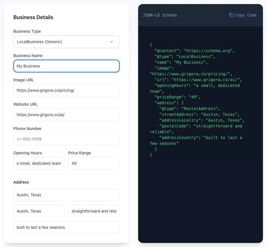 Local Business Schema Generator showing its result