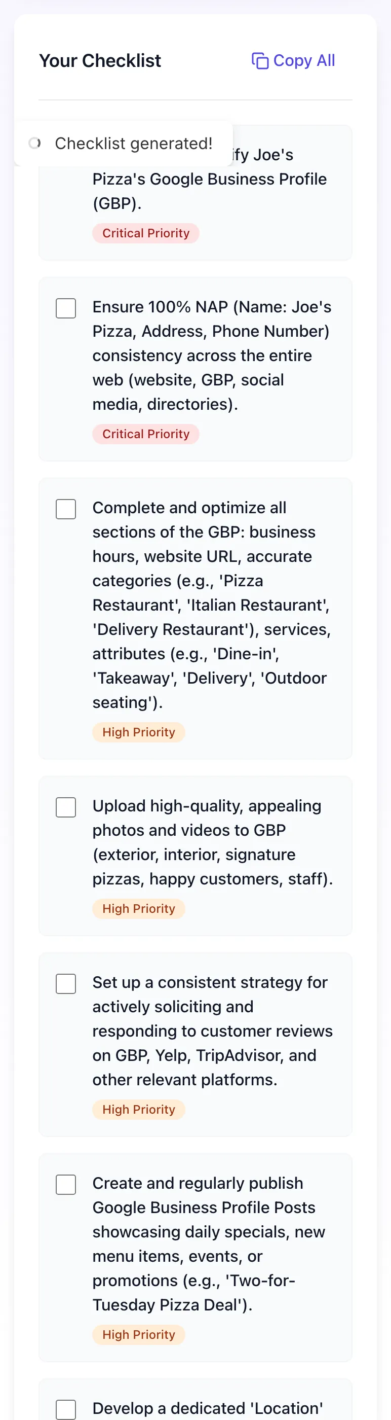 Local SEO Checklist Generator showing its result
