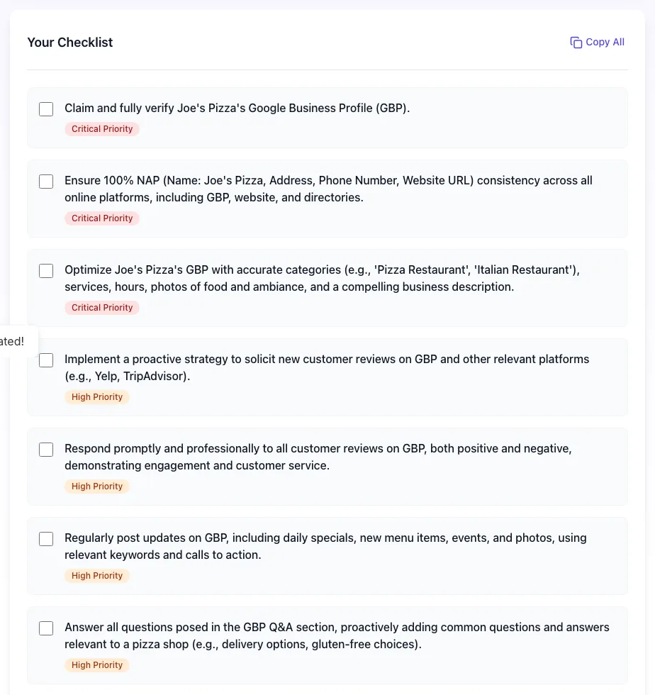 Local SEO Checklist Generator showing its result