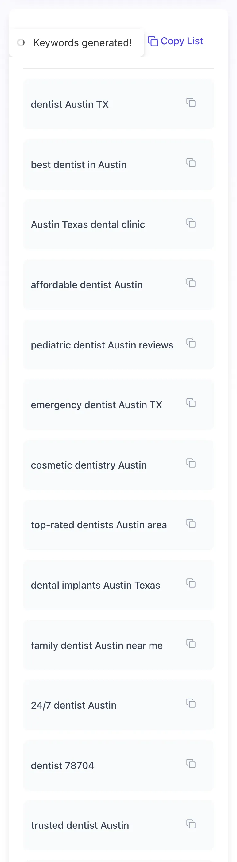 Local SEO Keywords Generator showing its result