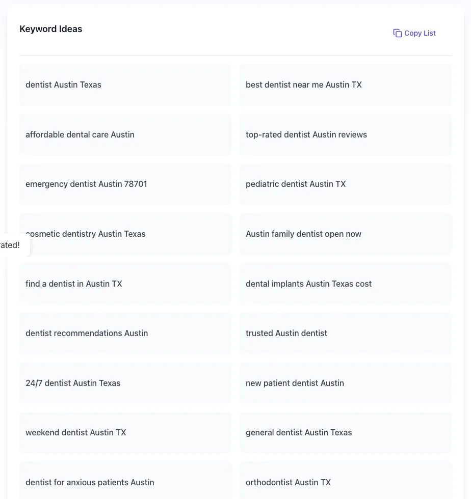 Local SEO Keywords Generator showing its result