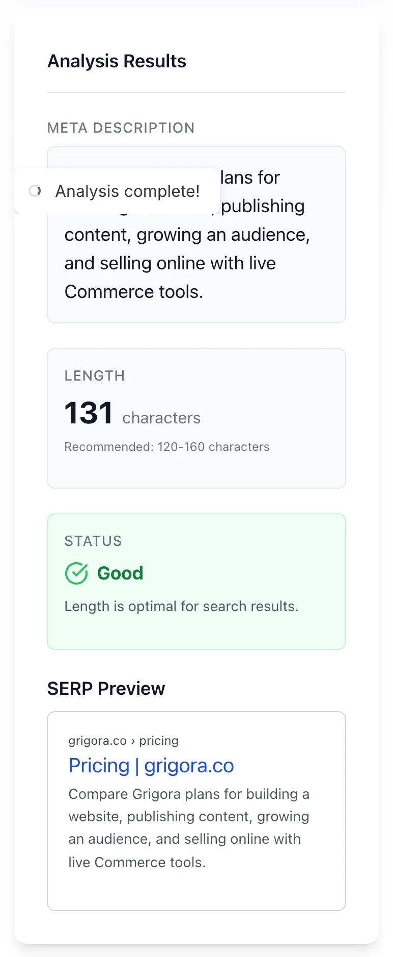 Meta Description Checker showing its result