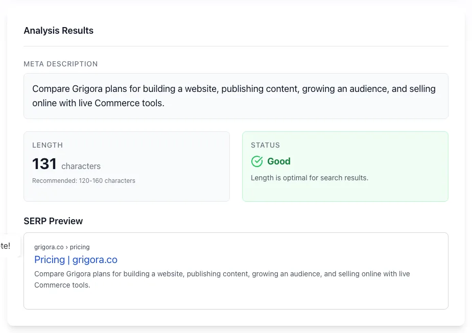 Meta Description Checker showing its result