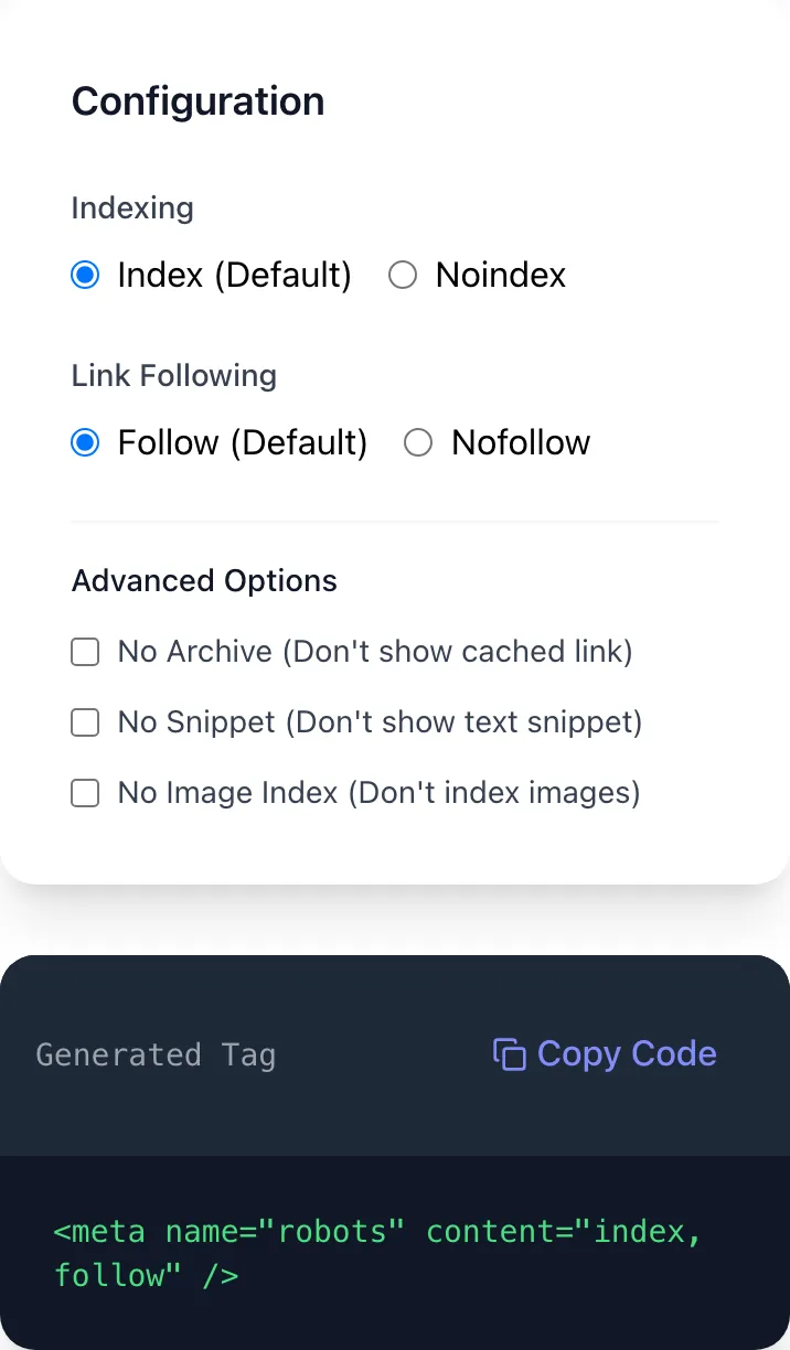 Empty Meta Robots Tag Generator before any input