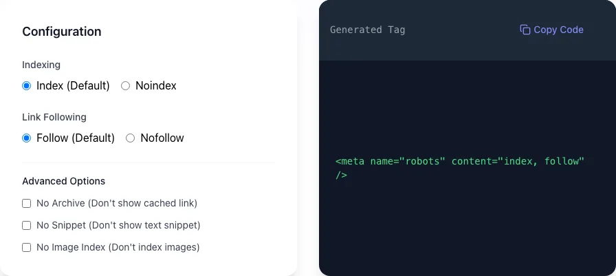 Empty Meta Robots Tag Generator before any input