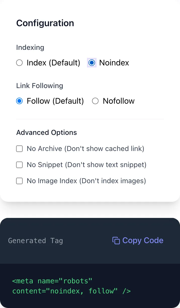 Meta Robots Tag Generator with "Noindex" selected