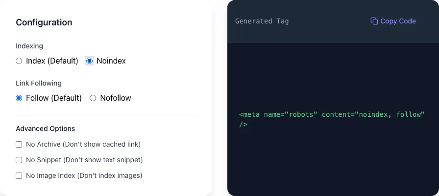 Meta Robots Tag Generator with "Noindex" selected