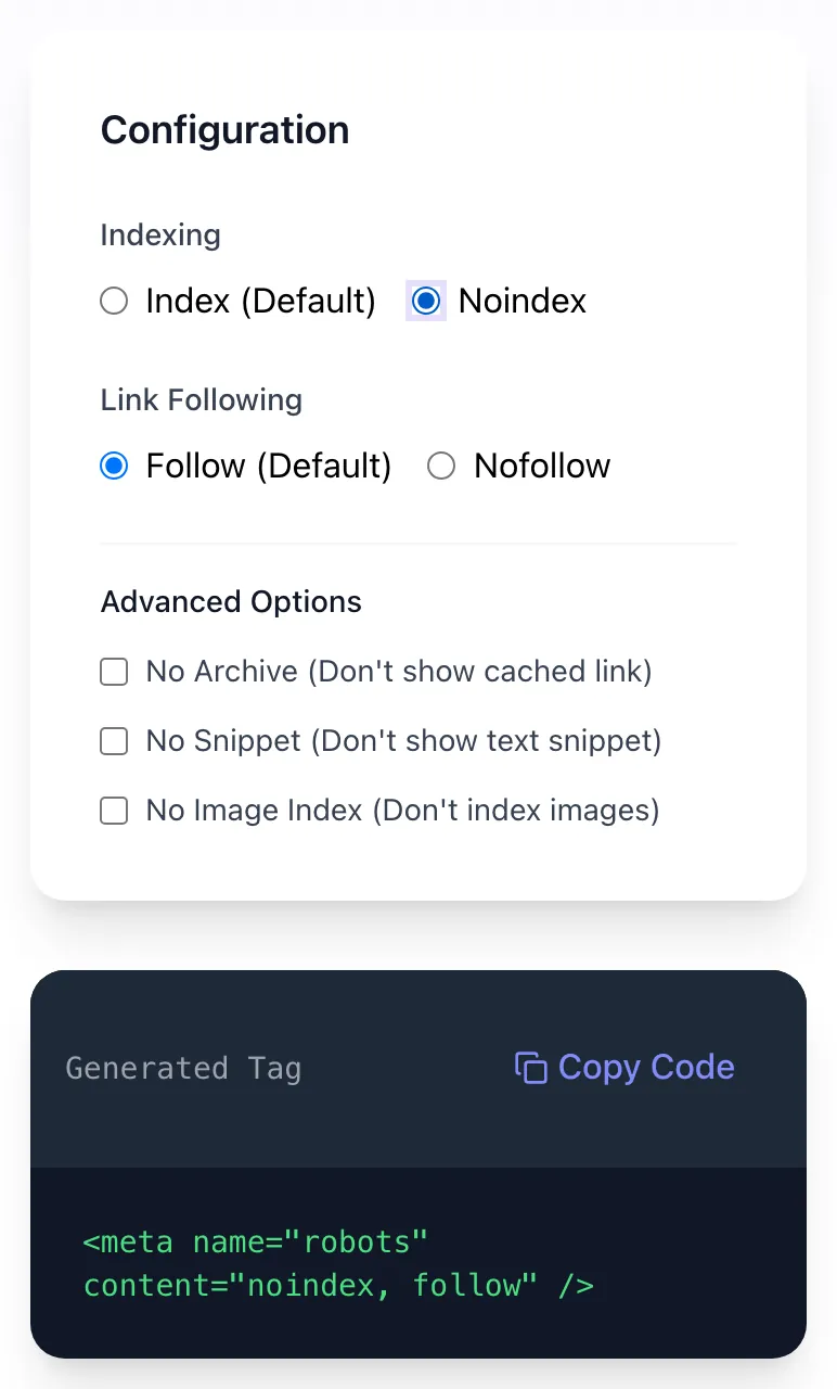 Meta Robots Tag Generator showing its result