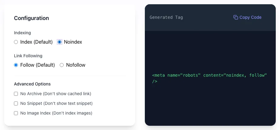 Meta Robots Tag Generator showing its result