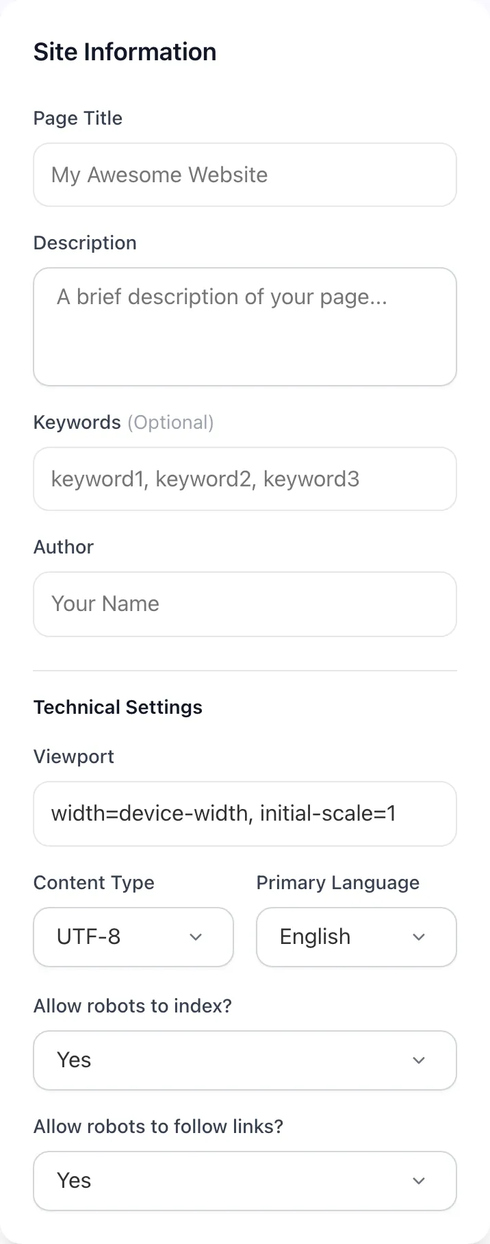 Empty Meta Tag Generator before any input