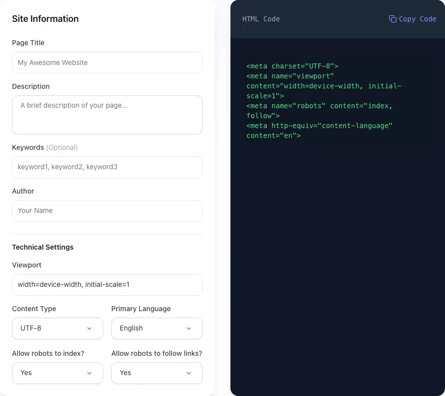 Empty Meta Tag Generator before any input