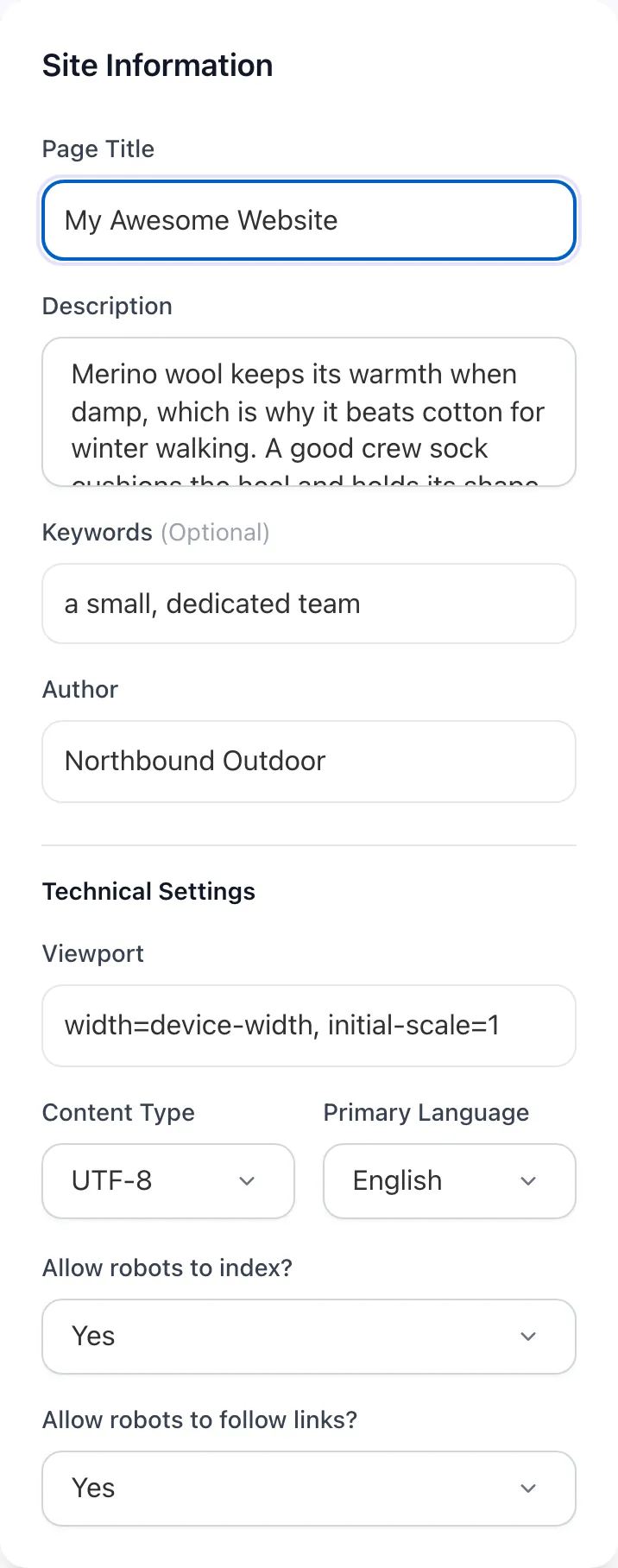 Meta Tag Generator with input filled in