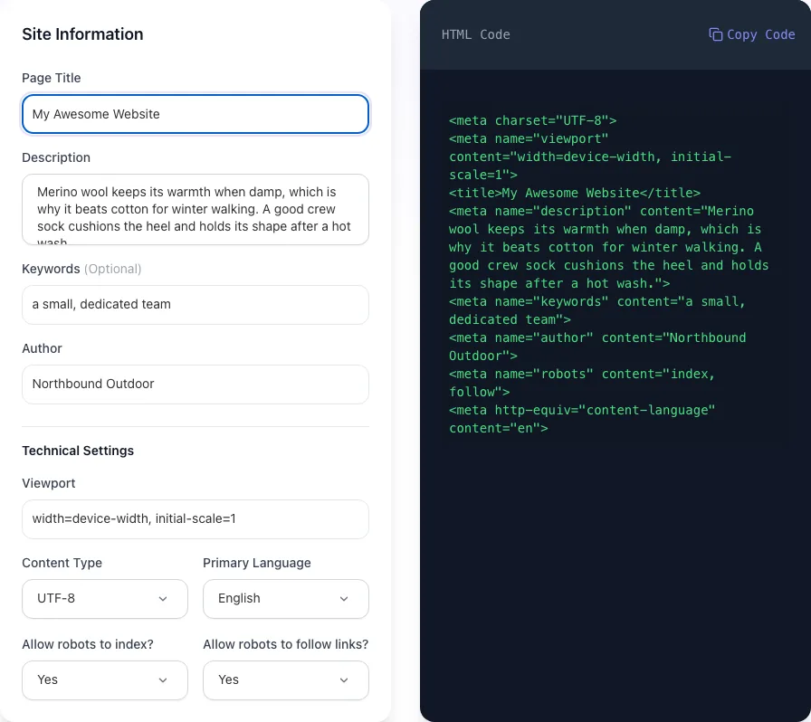 Meta Tag Generator with input filled in
