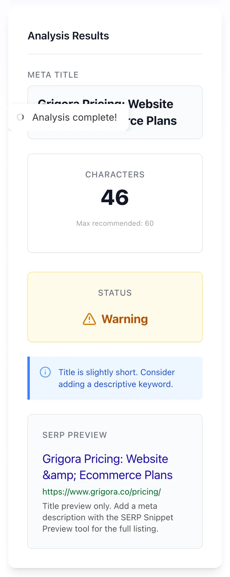 Meta Title Checker showing its result