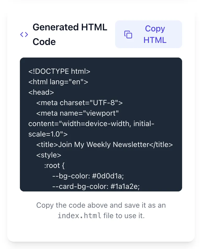 Newsletter Signup Page Generator showing its result