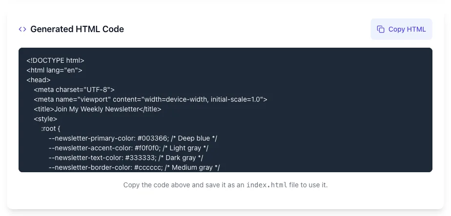 Newsletter Signup Page Generator showing its result