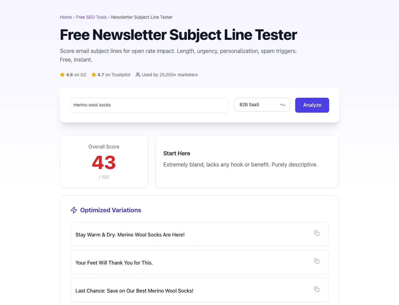 Newsletter Subject Line Tester showing its result