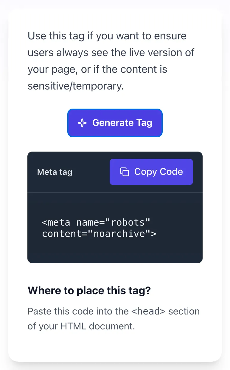 Noarchive Tag Generator showing its result